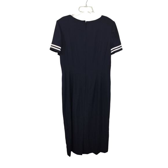 3953)Vtg Cynthia Howie Maggie Boutique Navy White Short Sleeve Sheath Dress 16 - Picture 3 of 7